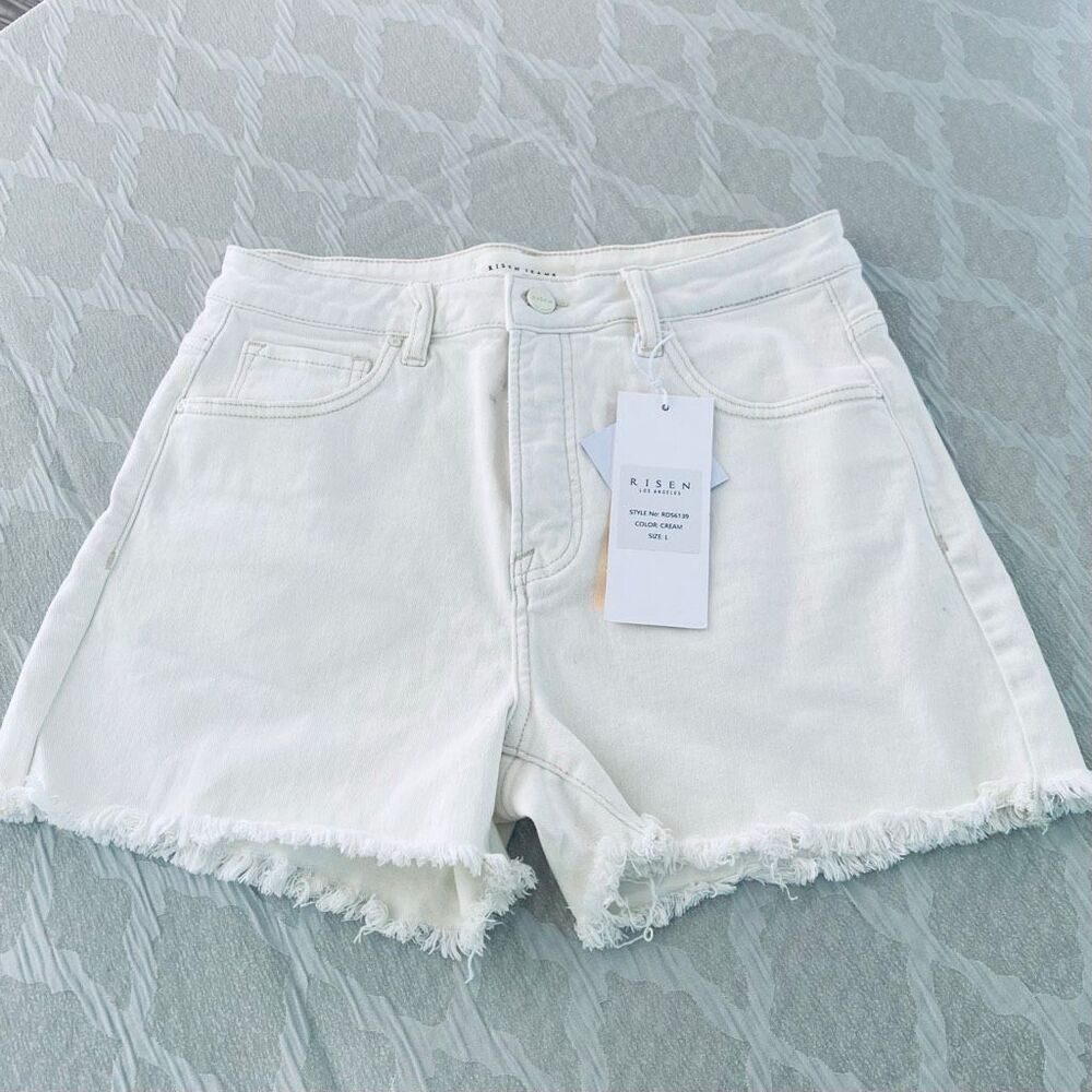 Risen Tummy Control Denim Shorts Cream Frayed Hem High Rise Women L Modern Class